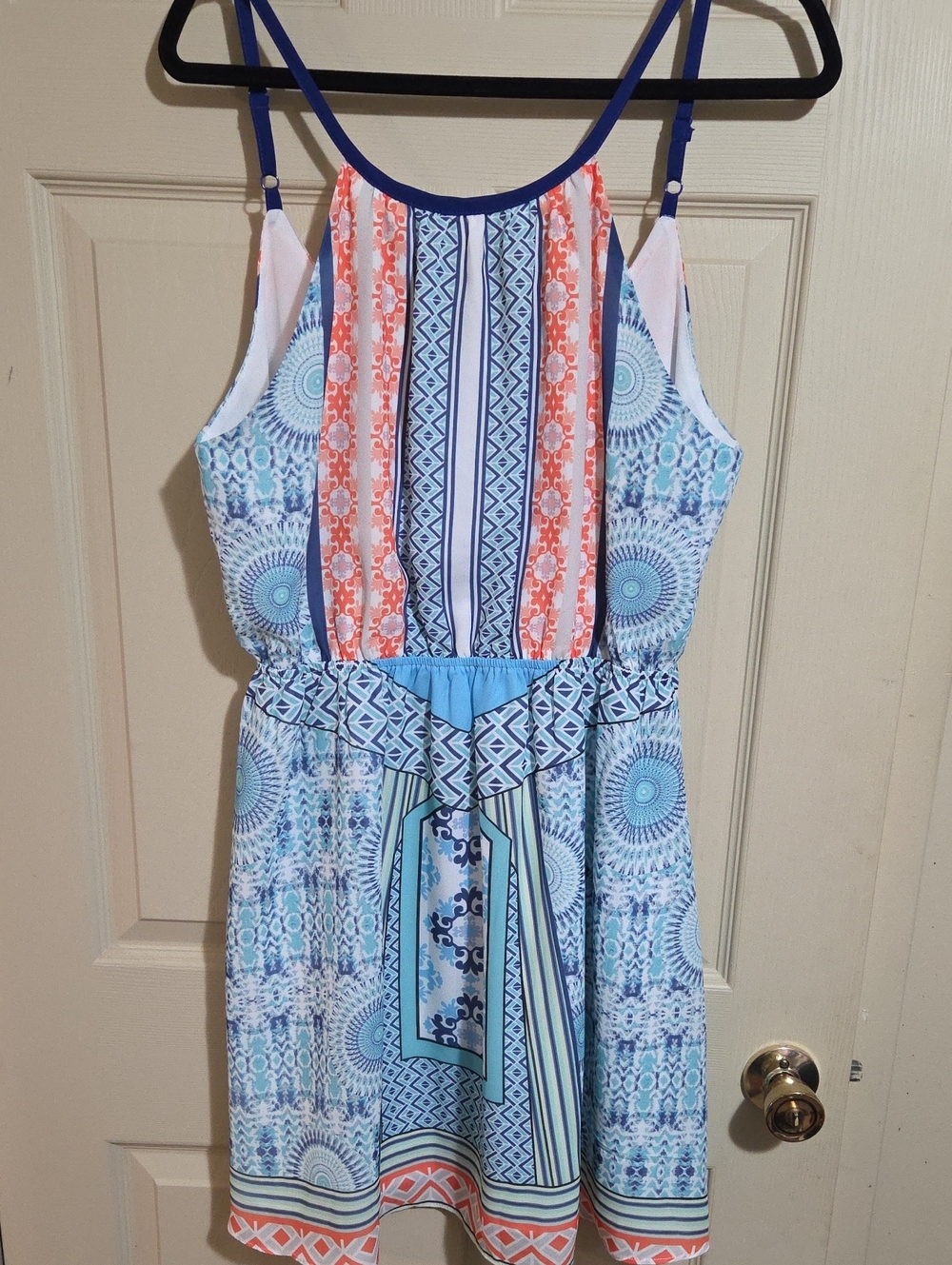 Molly Bracken Blue & Coral Patterned Spaghetti Strap Mini Dress